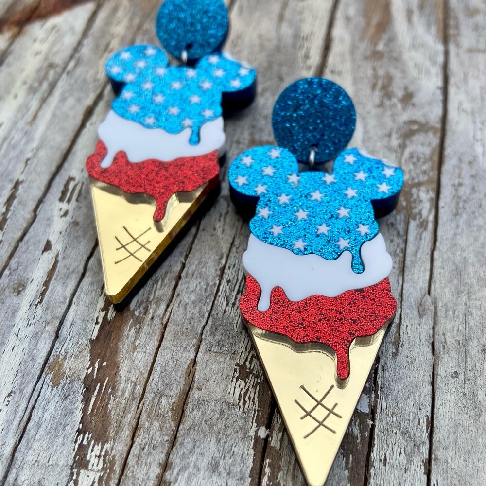 Whimsical Mouse Blue and Red Ice Cream Earrings
